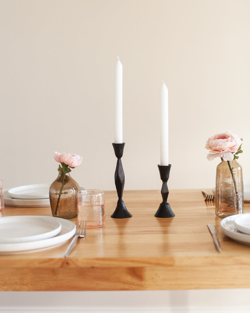 Set of 2 Low Diamond Hand-Forged Iron Candle Holders – Black Finish