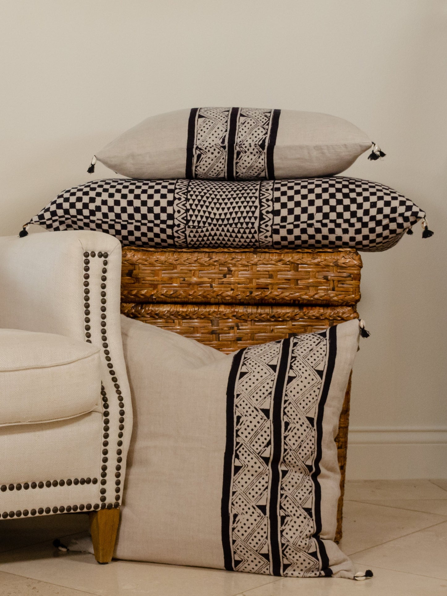 Samburu Charcoal Lumbar Pillow Cover – Handprinted Linen in Tribal Modern Design