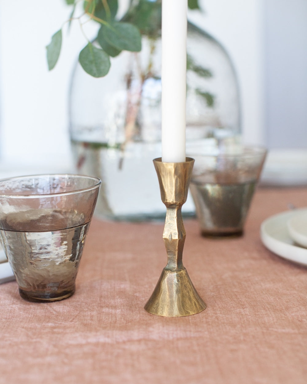 Set of 2 Low Diamond Hand-Forged Iron Candle Holders – Brass Finish