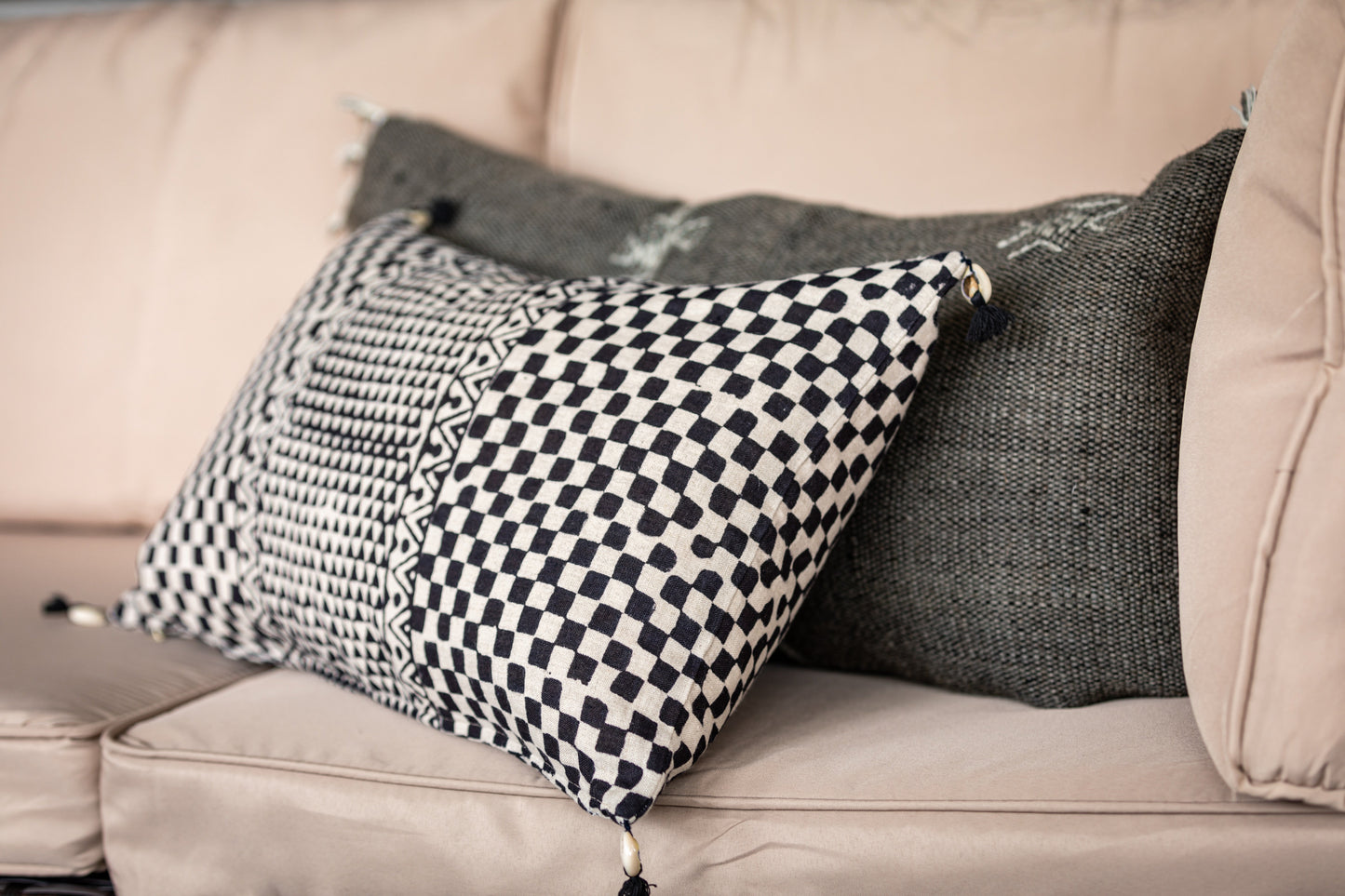 Samburu Charcoal Lumbar Pillow Cover – Handprinted Linen in Tribal Modern Design