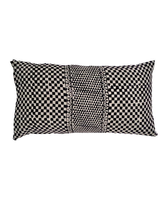 Samburu Charcoal Lumbar Pillow Cover – Handprinted Linen in Tribal Modern Design