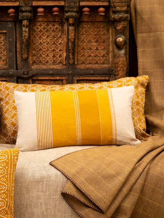 Tulum Stripe PetitLumbar Pillow Cover – Handprinted Linen in Ochre Yellow