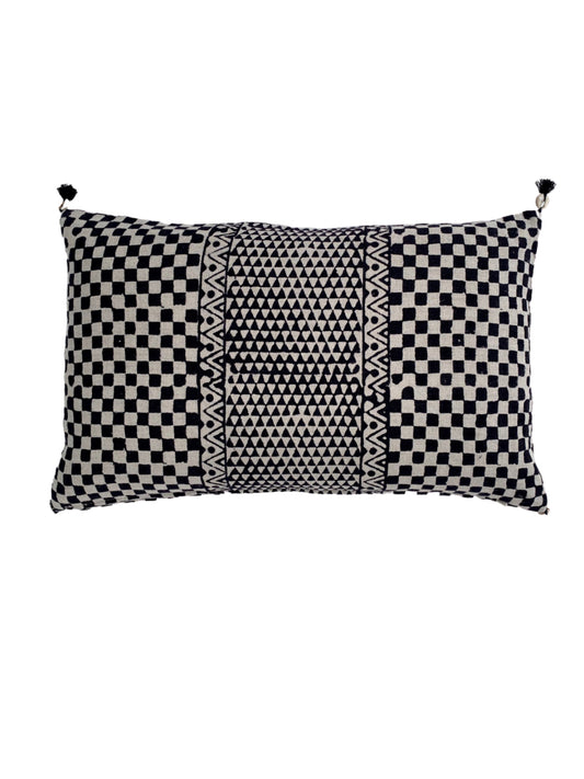 Samburu Charcoal Petit Lumbar Pillow Cover – Handprinted Linen in Tribal Modern Design