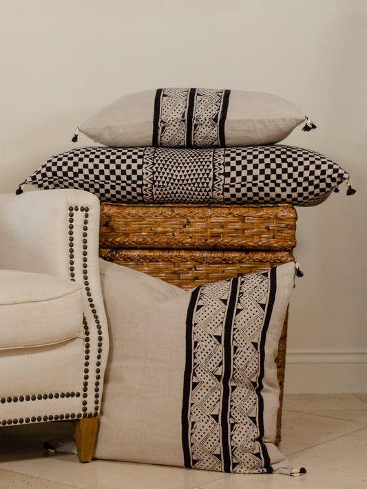 Samburu Charcoal Lumbar Pillow Cover – Handprinted Linen in Tribal Modern Design
