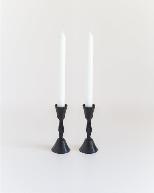 Set of 2 Low Diamond Hand-Forged Iron Candle Holders – Black Finish