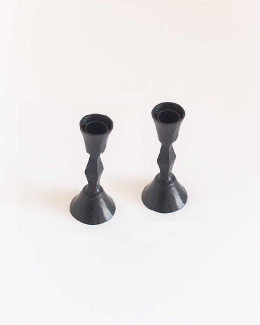 Set of 2 Low Diamond Hand-Forged Iron Candle Holders – Black Finish