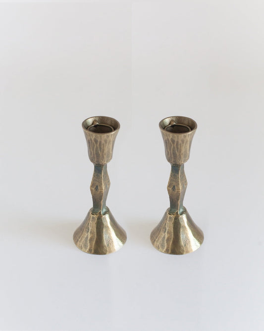 Set of 2 Low Diamond Hand-Forged Iron Candle Holders – Brass Finish
