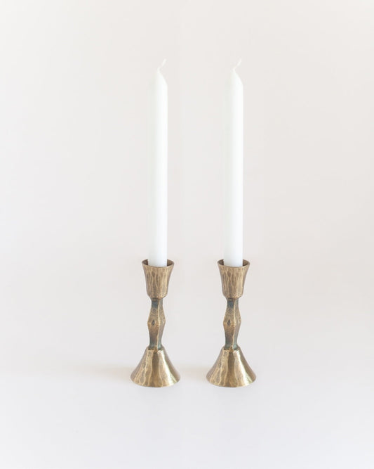 Set of 2 Low Diamond Hand-Forged Iron Candle Holders – Brass Finish